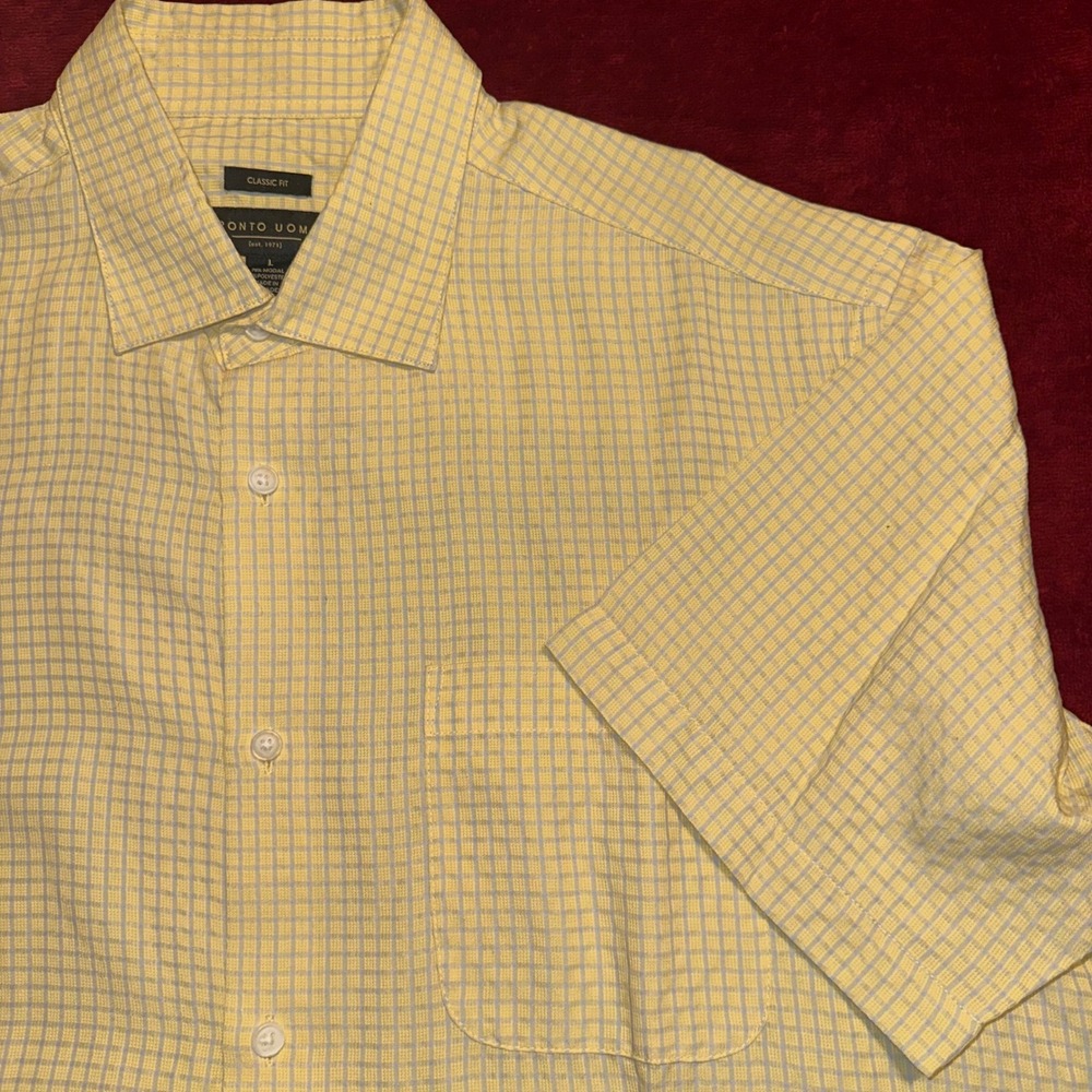 Pronto Uomo‎ Mens Large Yellow Blue Check Short Sleeve Shirt Classic Fit